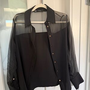 Zara Black Sheer Blouse with Gold Buttons
